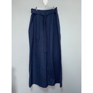 Freemarket Navy Blue Pinstripe Wide Leg Tie Waist Pants Cotton Linen Large